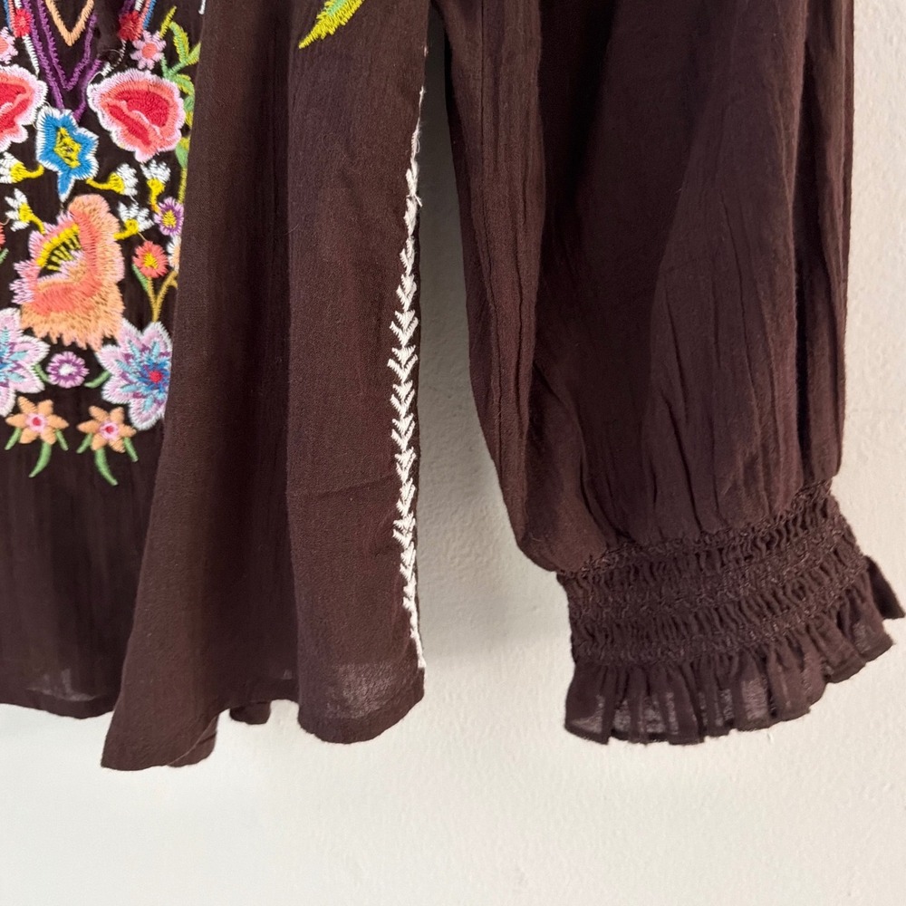 Sundance Brown Embroidered Floral Bird Peasant Blouse Boho Top PM Womens - Picture 5 of 11